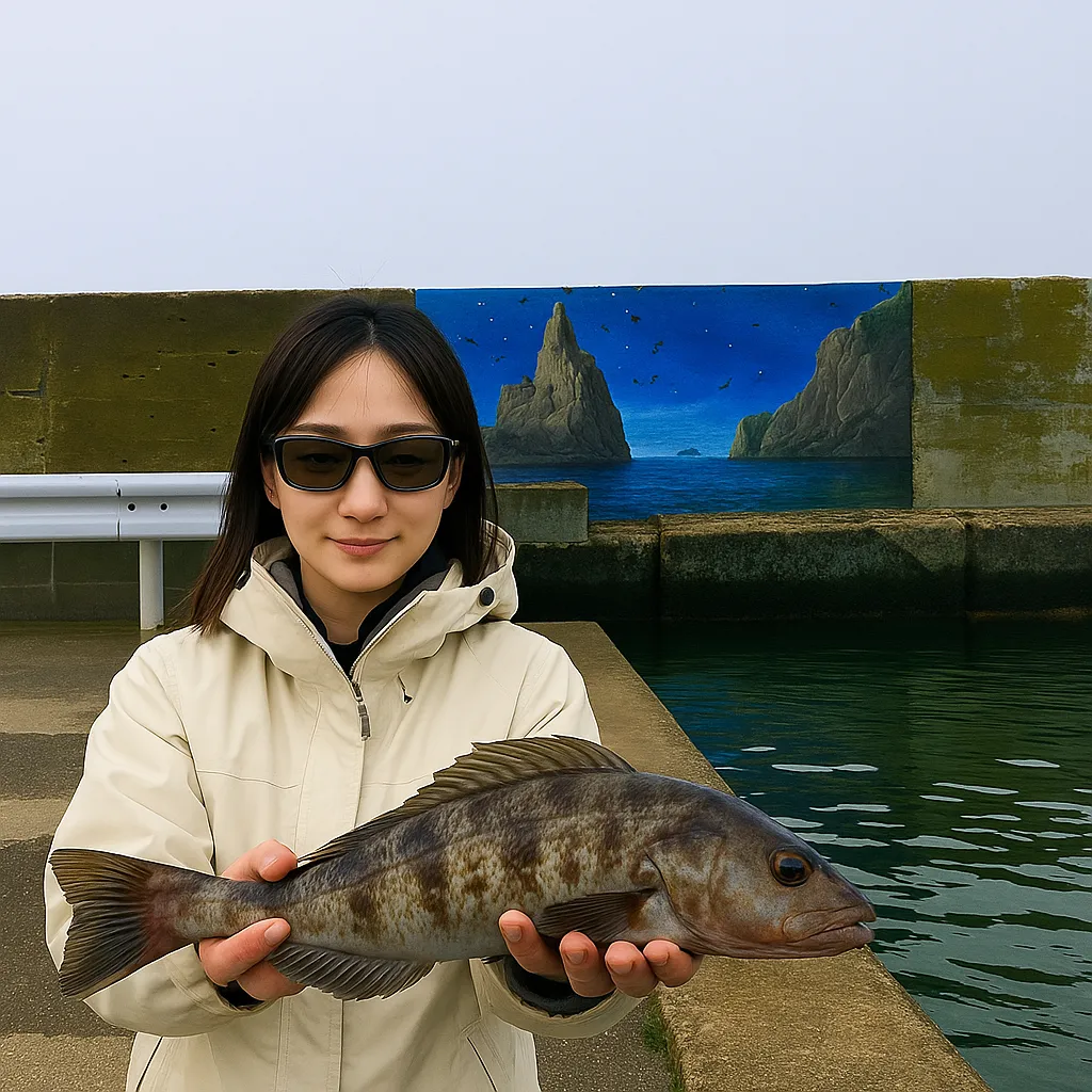 川白漁港でホッケの釣果を得た女性.webp