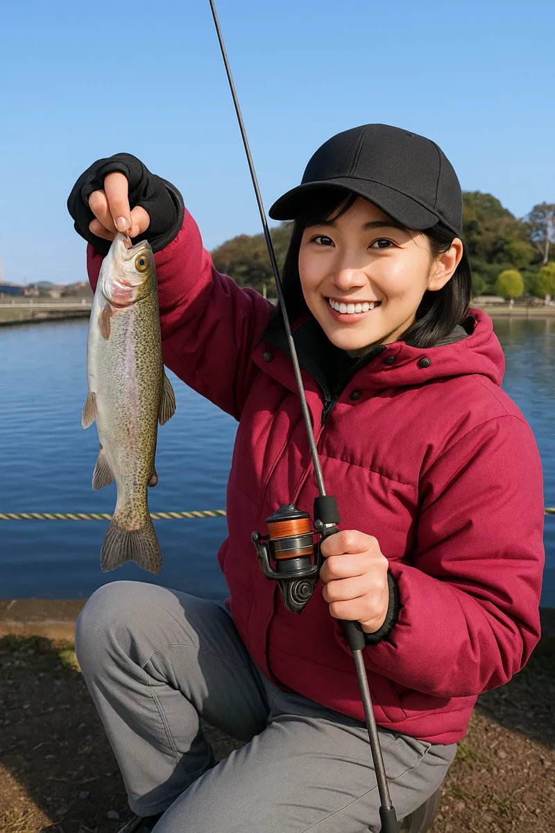 座間養魚場でニジマスの釣果を得た黒川.webp