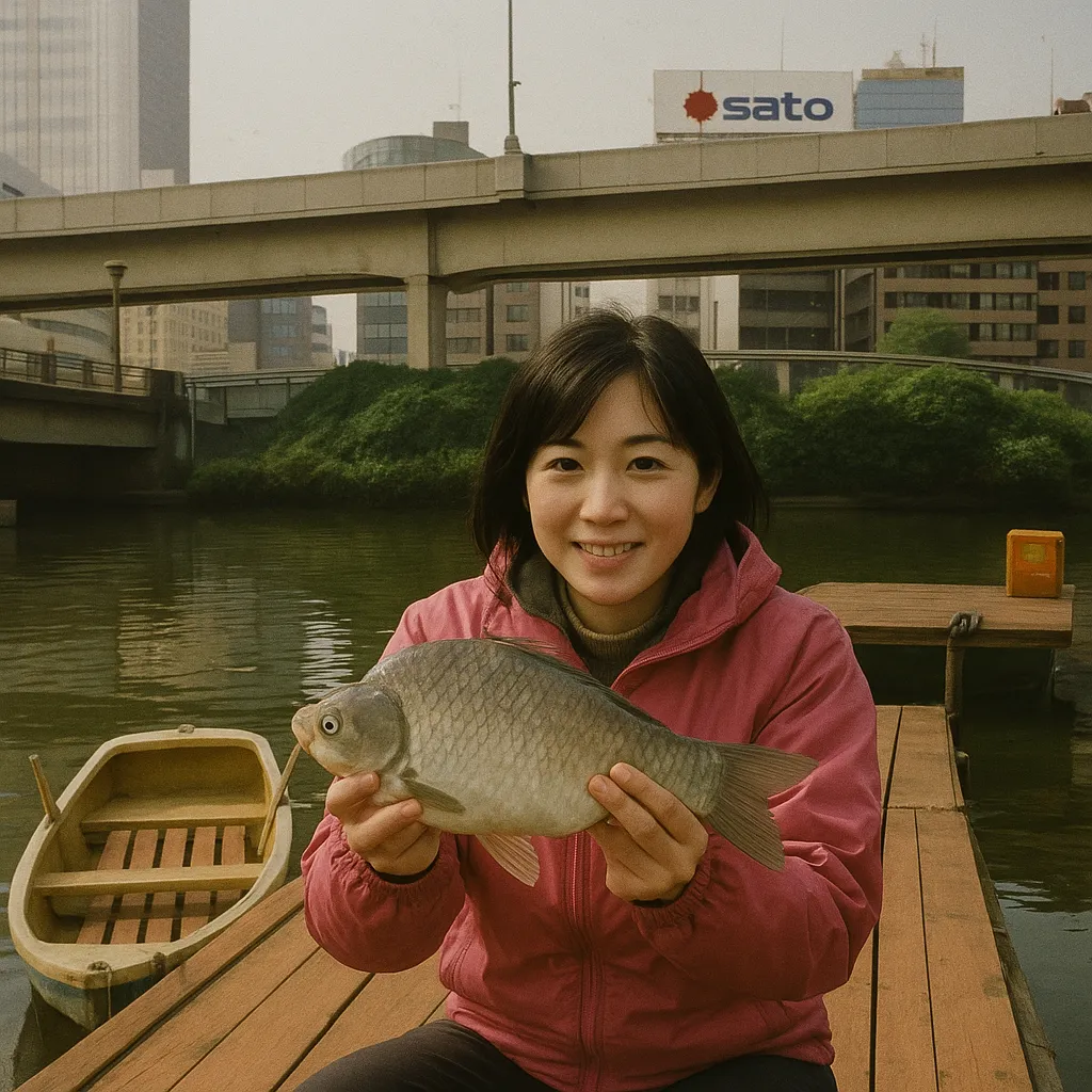 弁慶堀でヘラブナの釣果を得た女性.webp