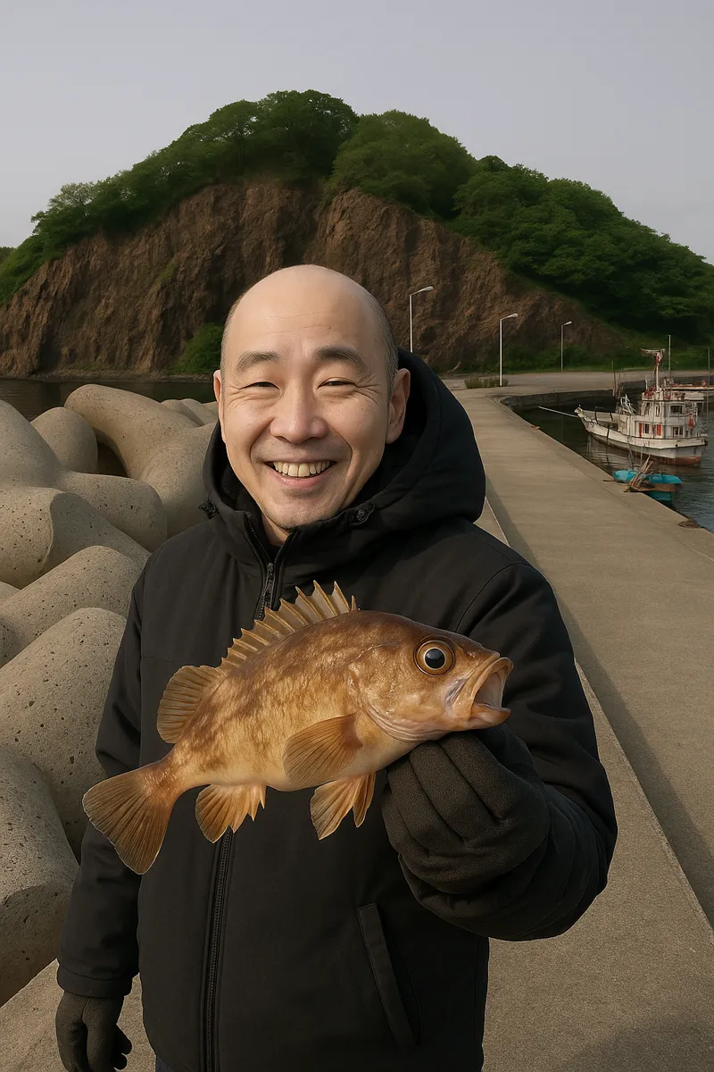 忍路漁港でガヤの釣果を得たがんだま君.webp