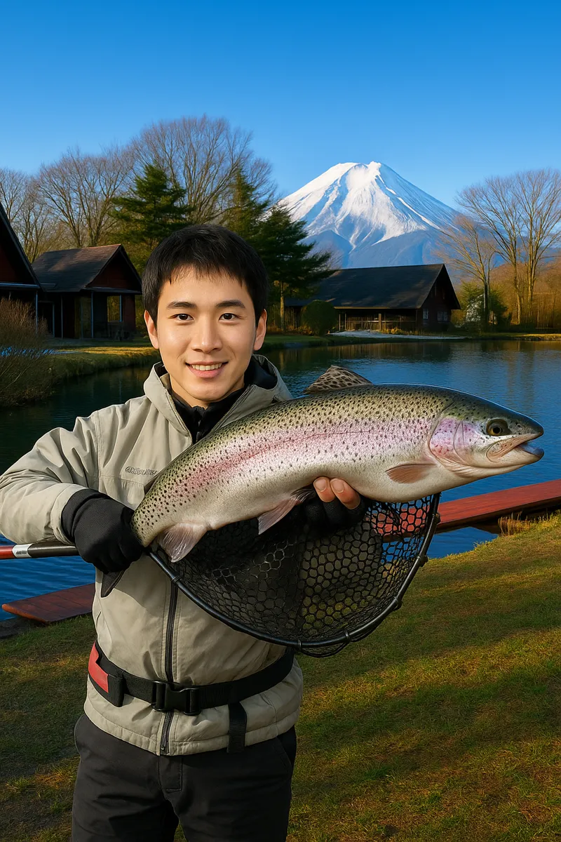 忍野フィッシングエリアでニジマスの釣果を得た新崎.webp
