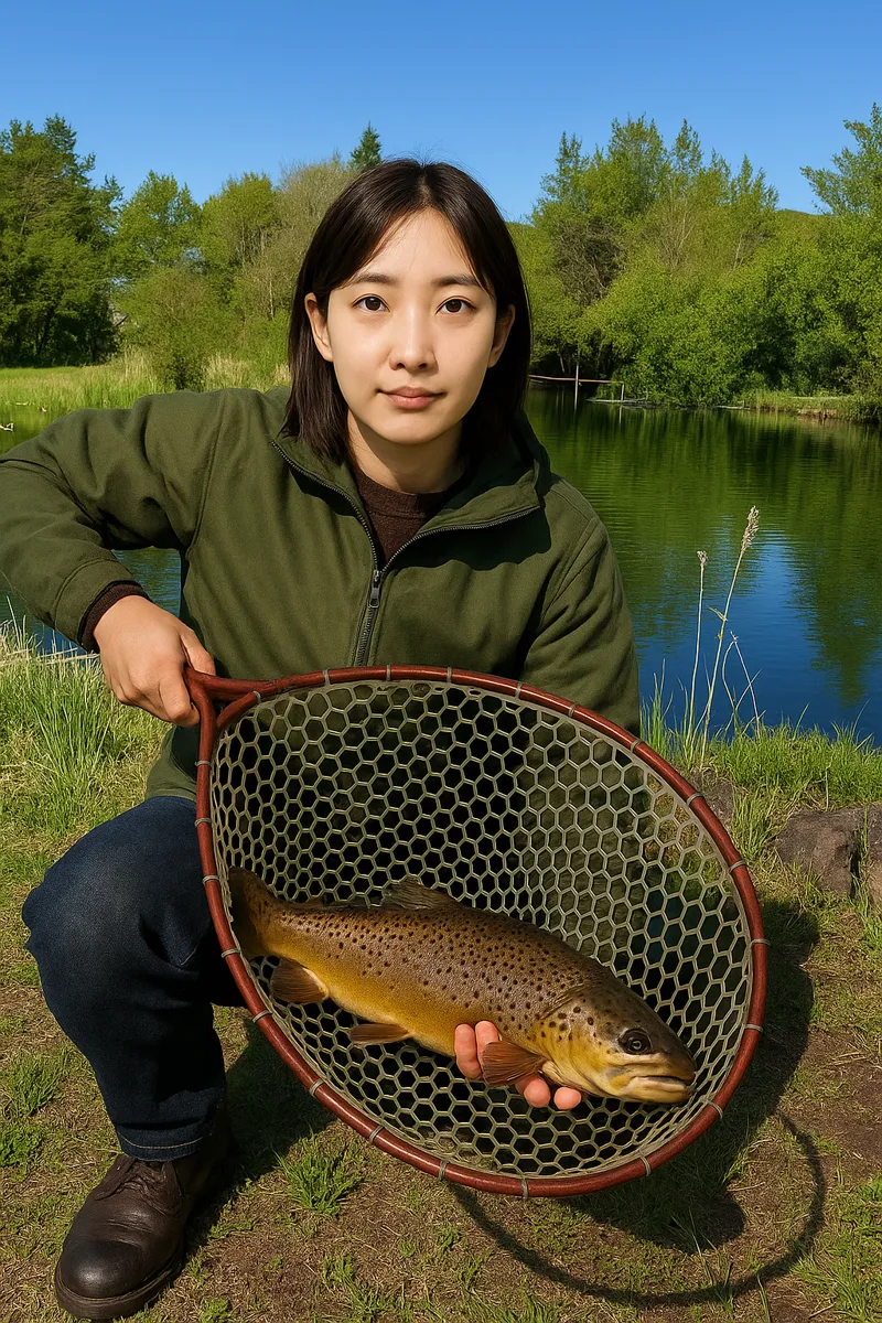 忍野フィッシングエリアでブラウントラウトの釣果を得た森永.webp