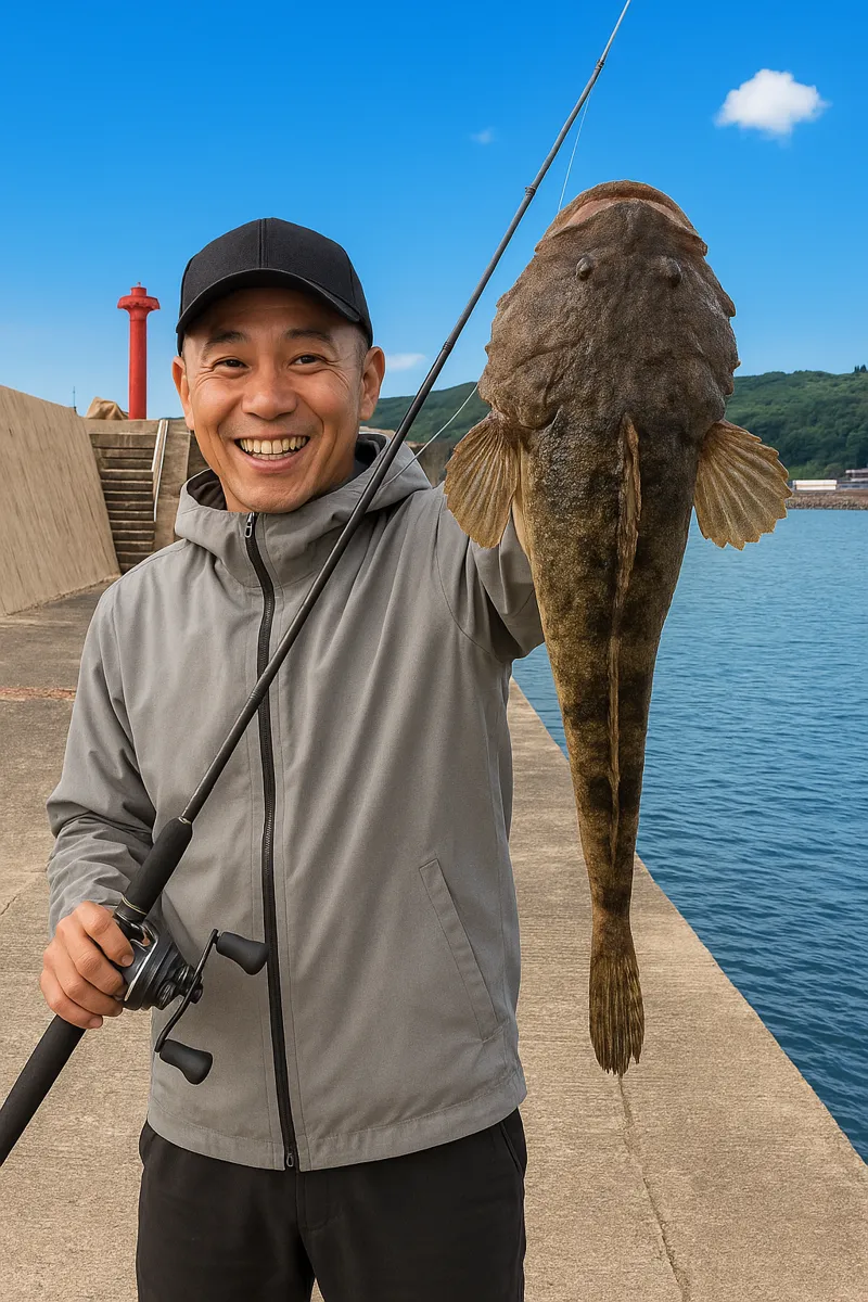 恵山漁港でカジカの釣果を得たがんだま君.webp