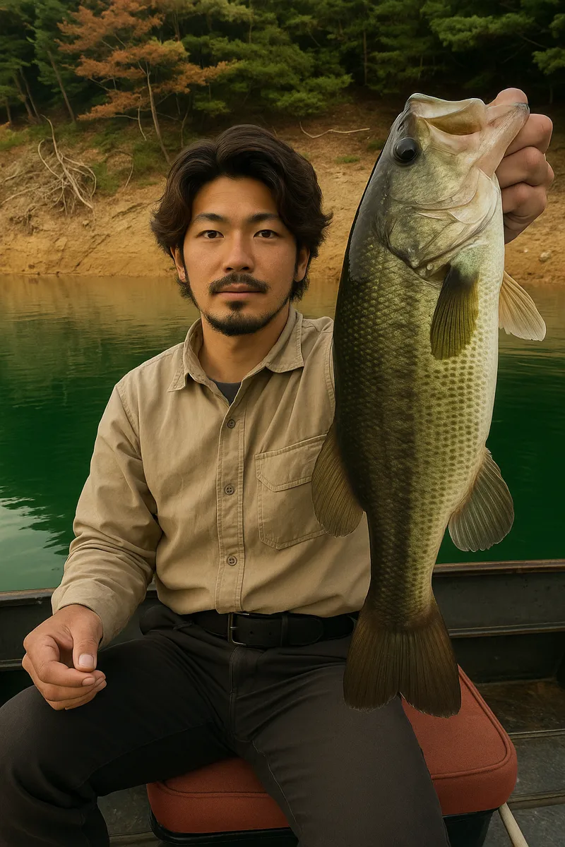 日吉ダムでブラックバスの釣果を得た澤田.webp