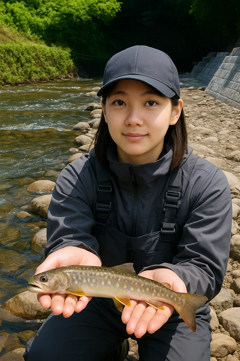 日名倉養魚場でイワナの釣果を得た森永.webp