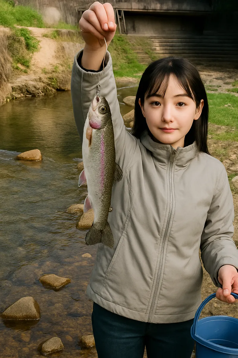日名倉養魚場でニジマスの釣果を得た国生.webp
