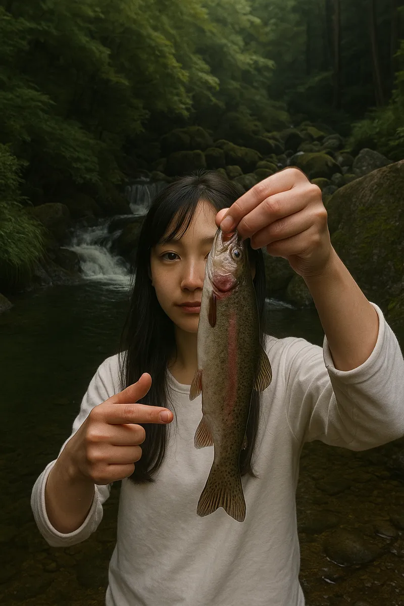 日向渓谷マス釣り場でニジマスの釣果を得た国生.webp
