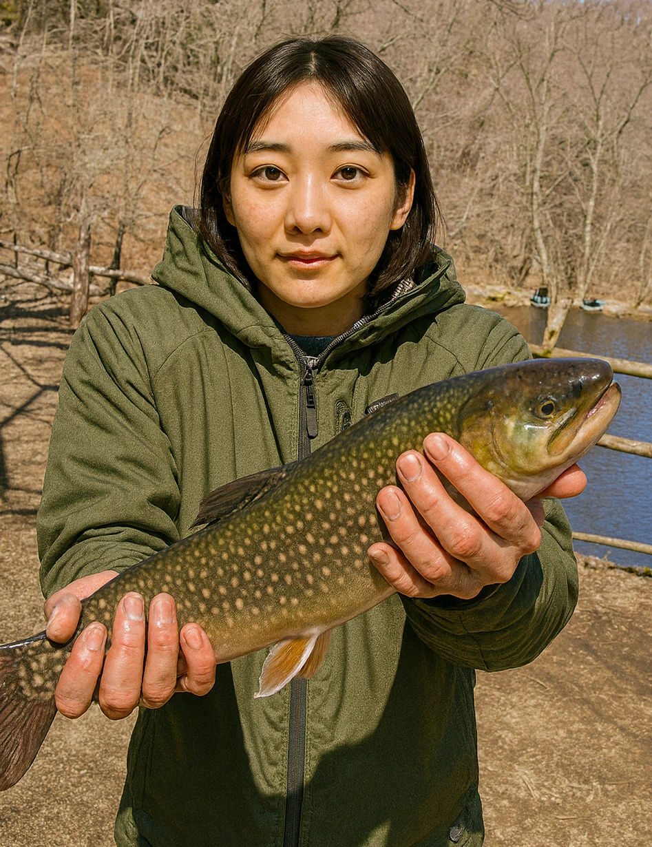 日本イワナセンターでイワナの釣果を得た森永.webp
