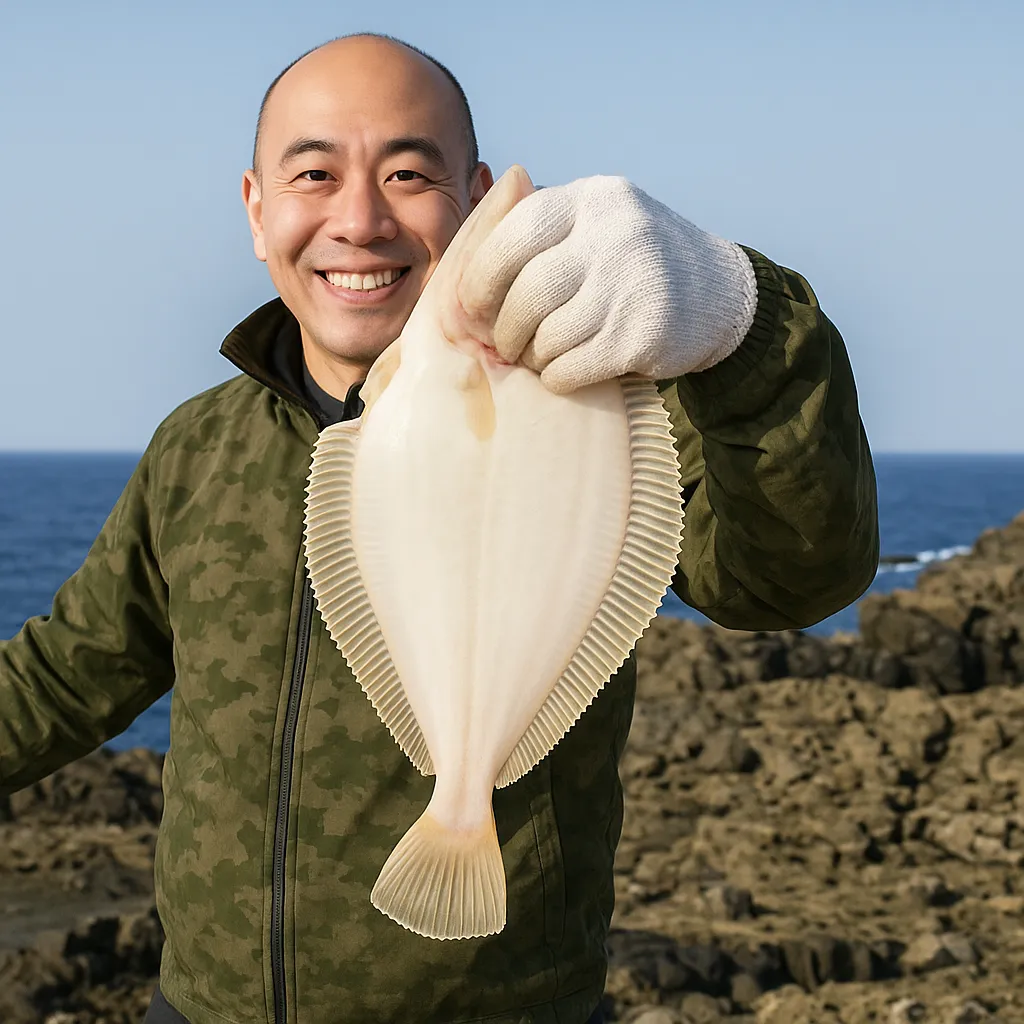 日浦岬でカレイの釣果を得たがんだま君.webp