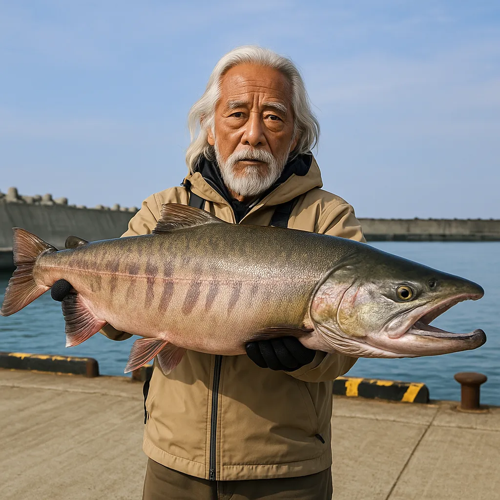 旭浜漁港でサケの釣果を得た米田.webp