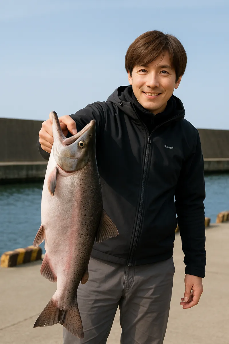 昆布森漁港でカラフトマスの釣果を得た男性.webp