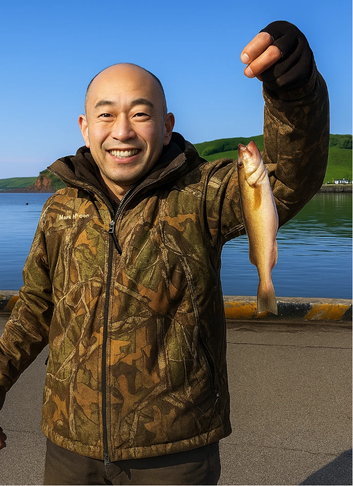 昆布森漁港でコマイの釣果を得たがんだま君.webp