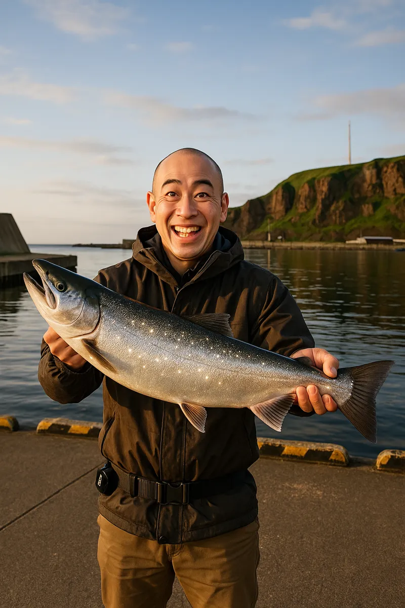 昆布森漁港でサケの釣果を得たがんだま君.webp