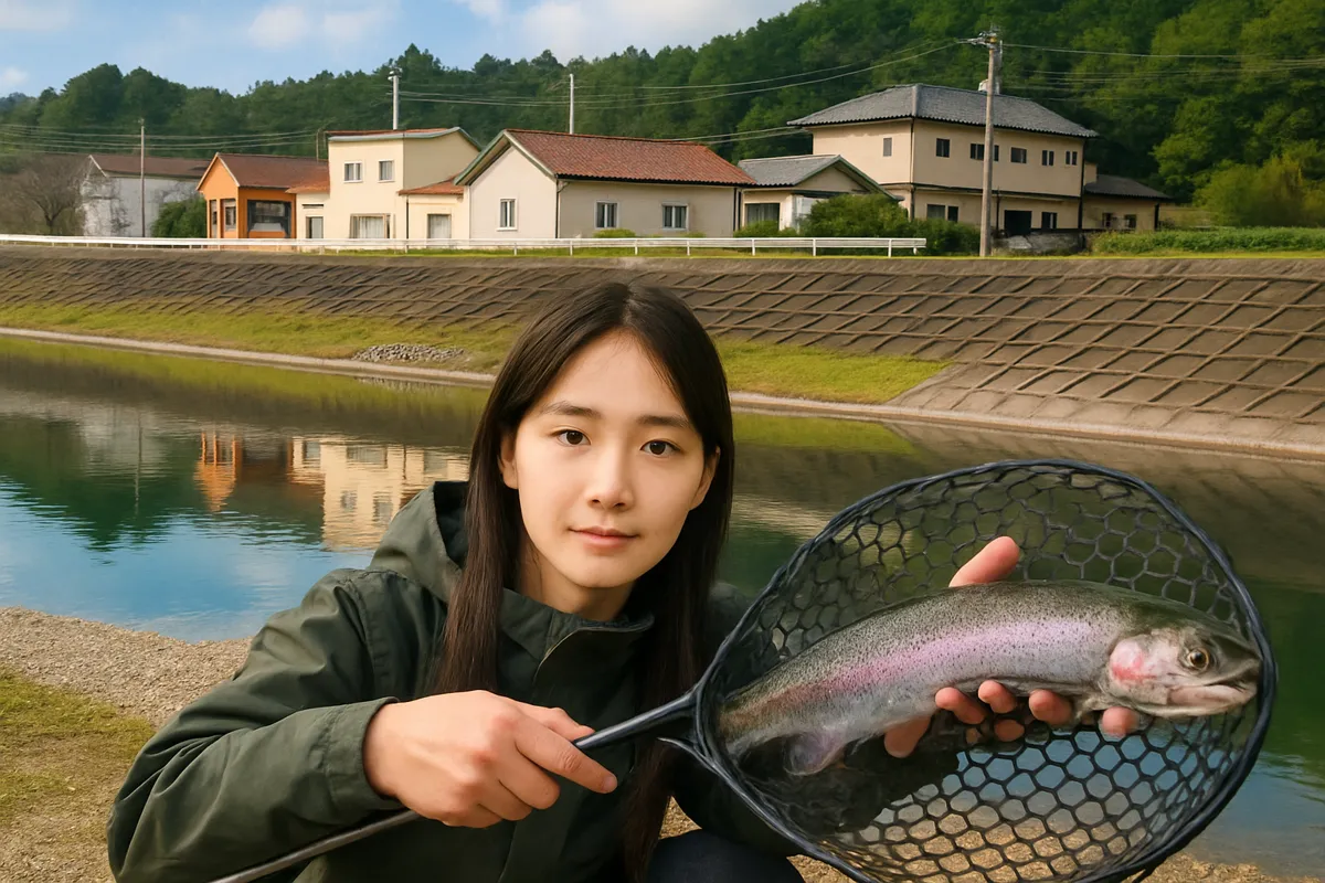月見ヶ原フィッシングセンターでニジマスの釣果を得た森永.webp