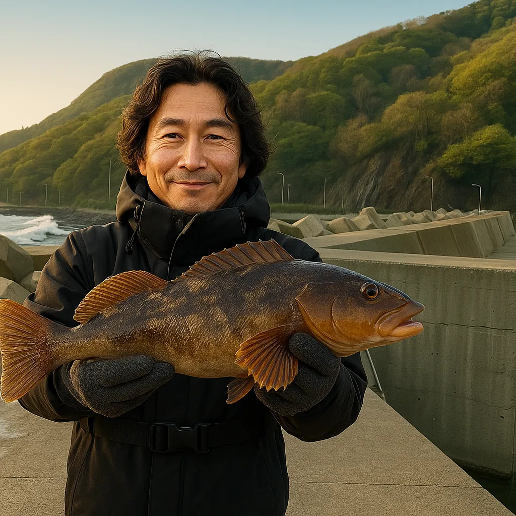 有戸漁港でアブラコの釣果を得た岸本.webp