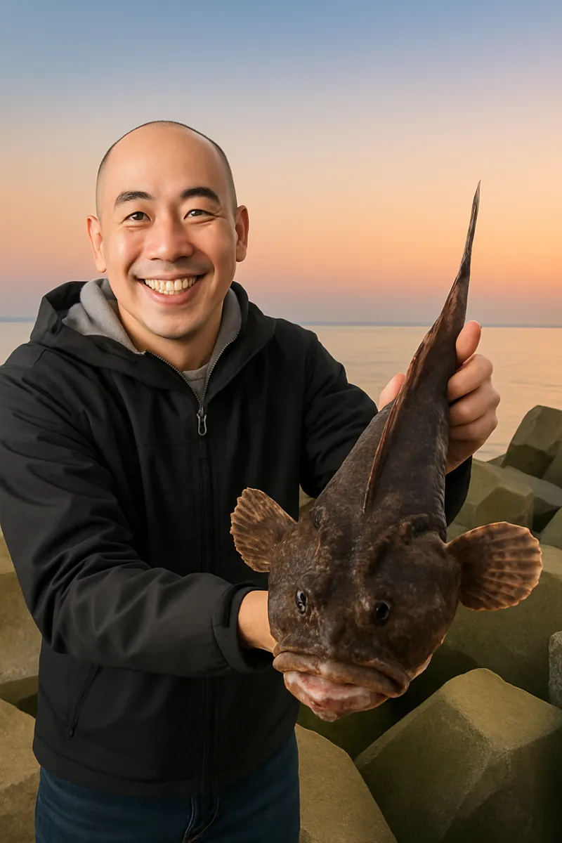 有戸漁港でカジカの釣果を得たがんだま君.webp