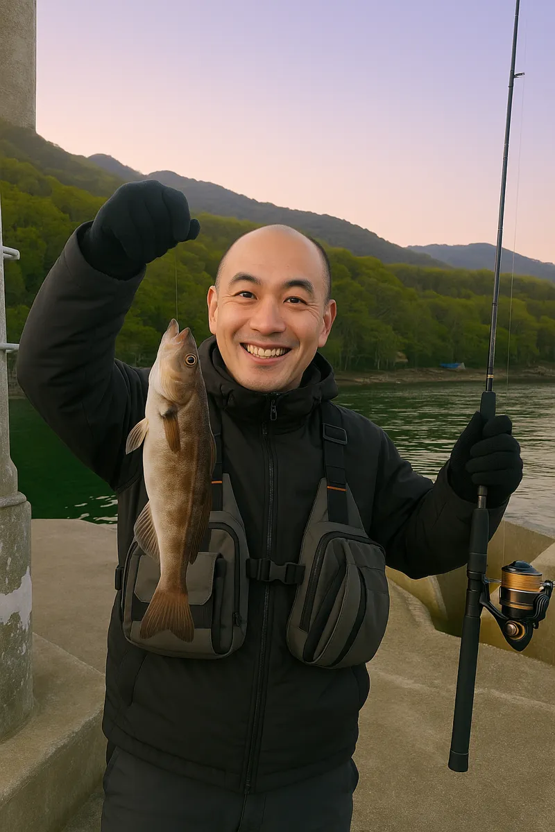 有戸漁港でホッケの釣果を得たがんだま君.webp
