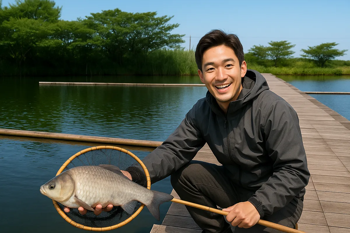 朝日池でヘラブナの釣果を得た勝田.webp