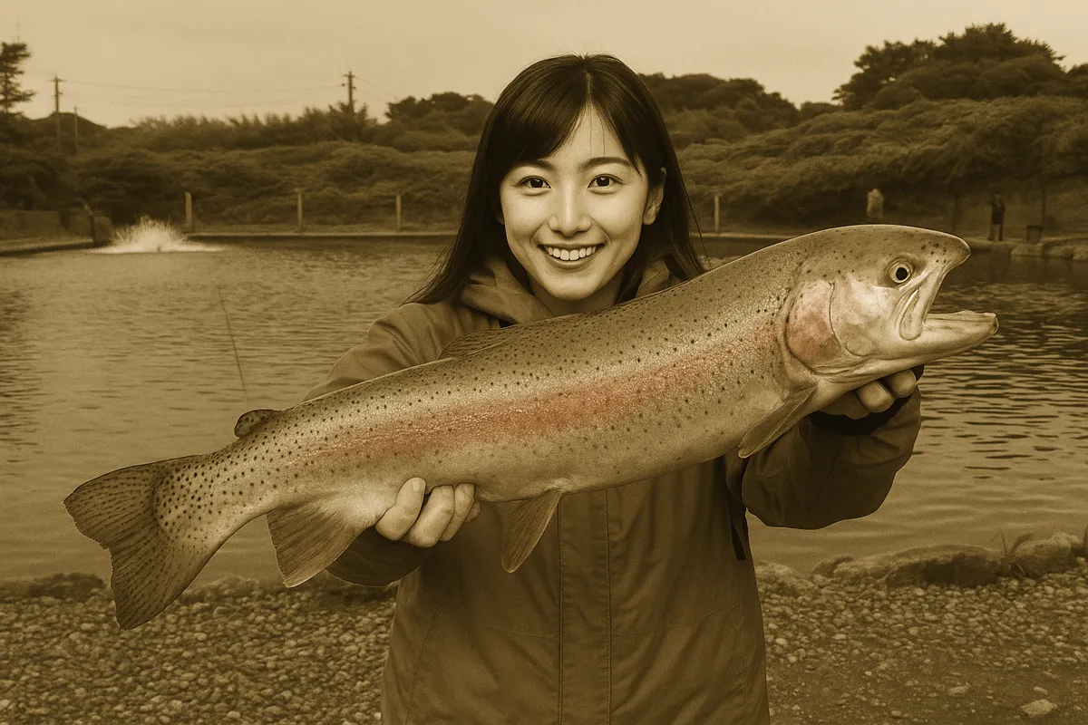 朝霞ガーデンでニジマスの釣果を得た黒川.webp