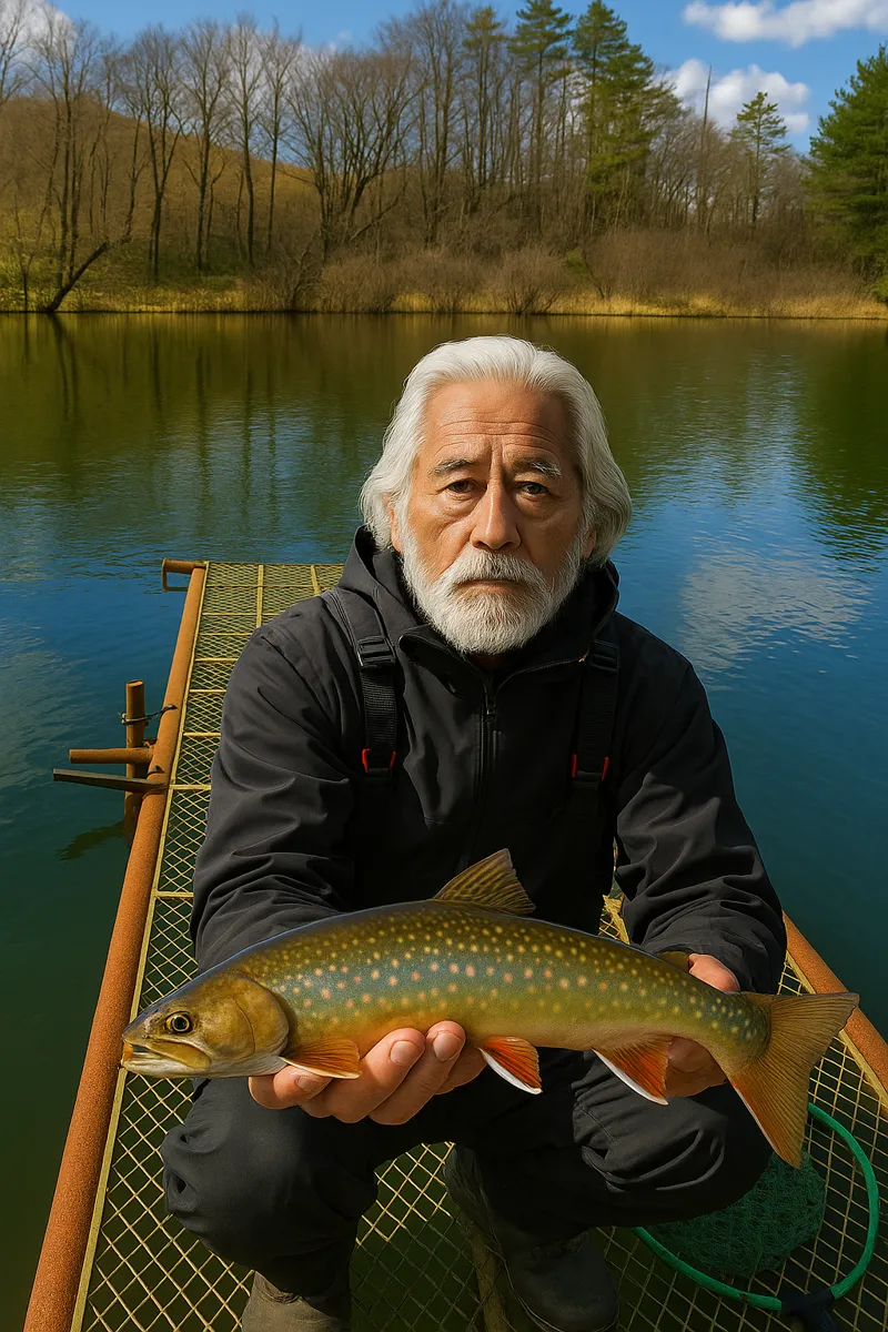 朝霧池でイワナの釣果を得た米田.webp