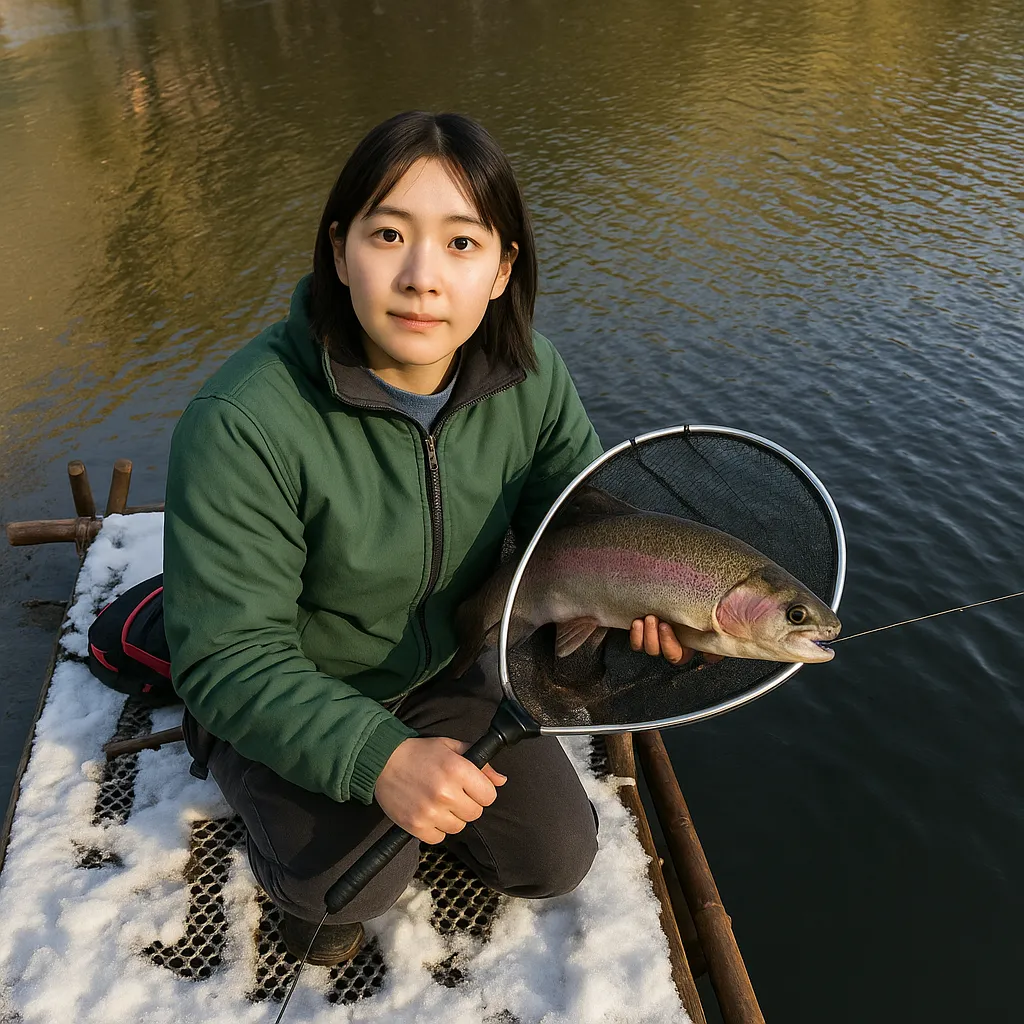 朝霧池でニジマスの釣果を得た森永.webp