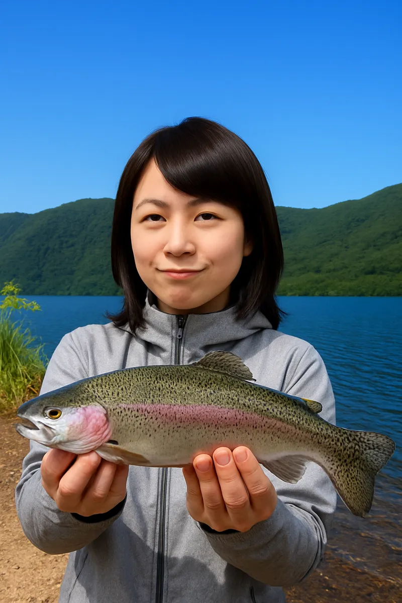 木崎湖でニジマスの釣果を得た女性.webp