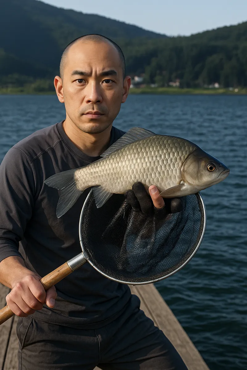 木崎湖でヘラブナの釣果を得たがんだま君.webp