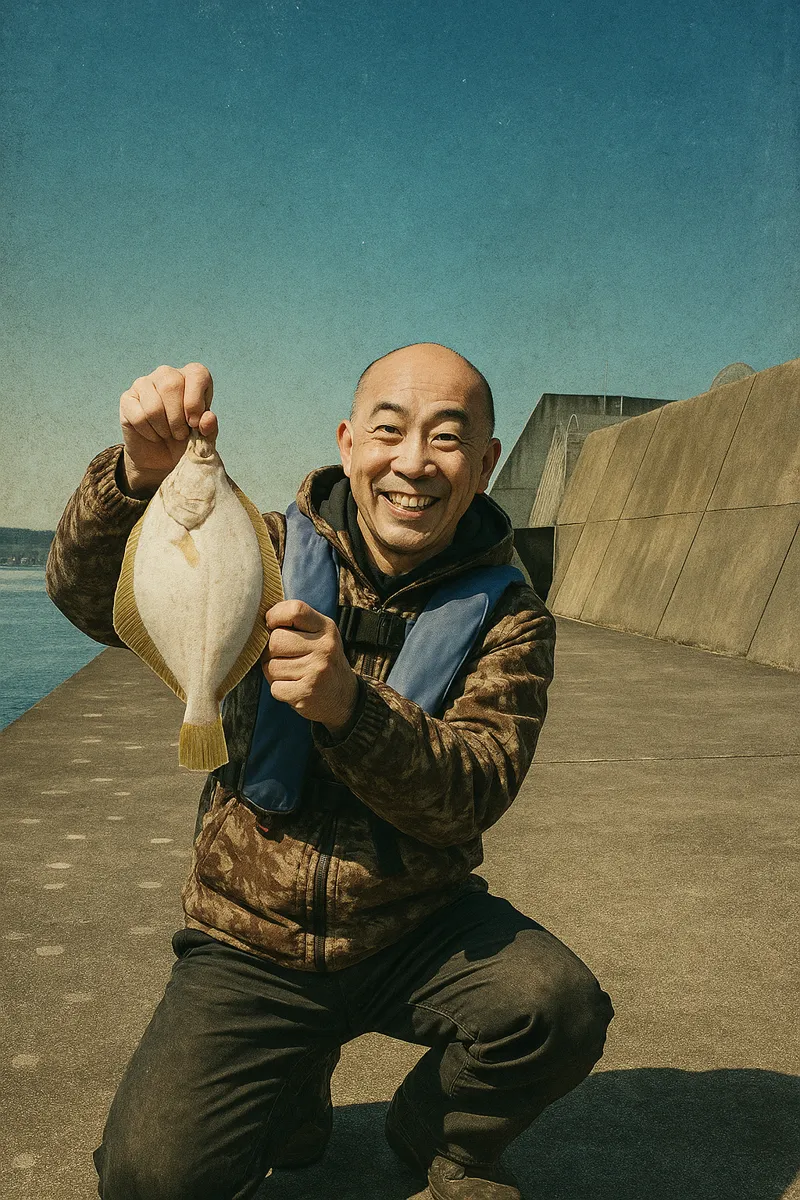 本別漁港でカレイの釣果を得たがんだま君.webp
