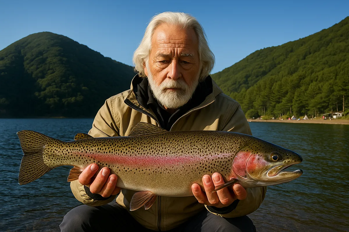本栖湖でニジマスの釣果を得た米田.webp