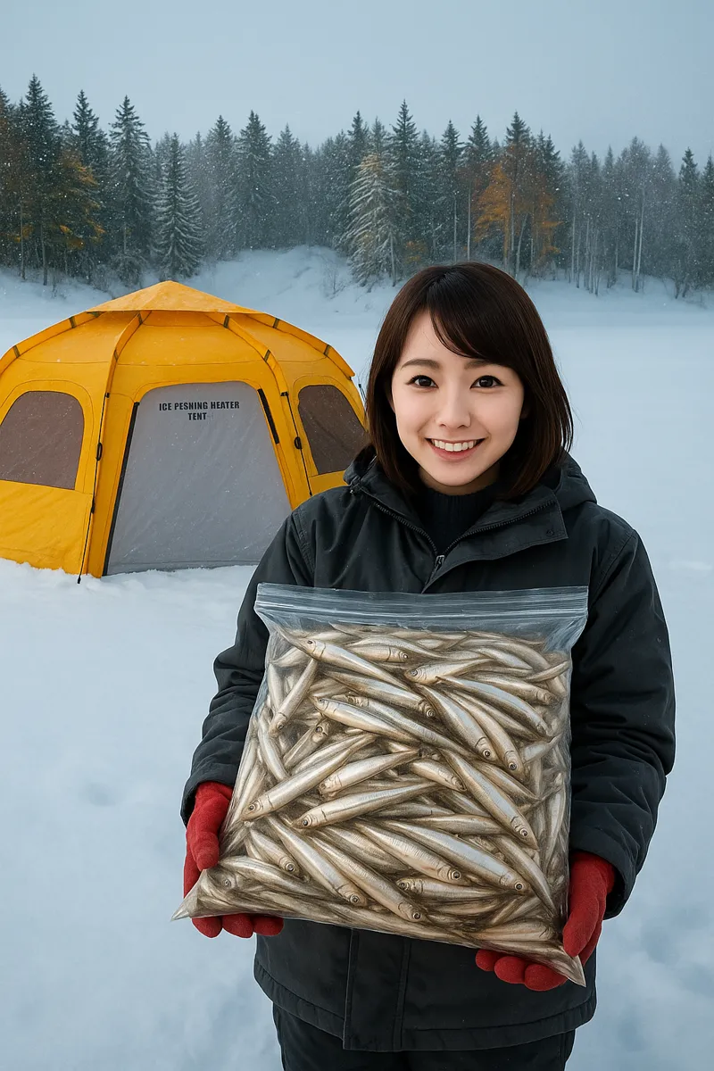 朱鞠内湖でワカサギの釣果を得た西岡.webp