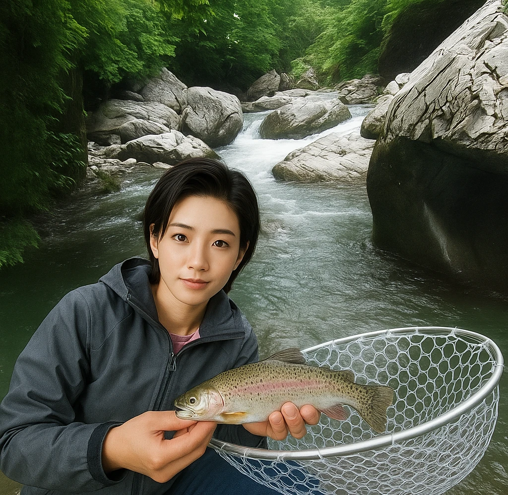 東京トラウトカントリーでニジマスの釣果を得た佐伯.webp