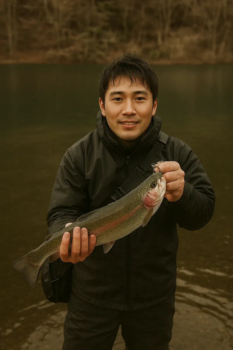 東古屋湖でニジマスの釣果を得た新崎.webp