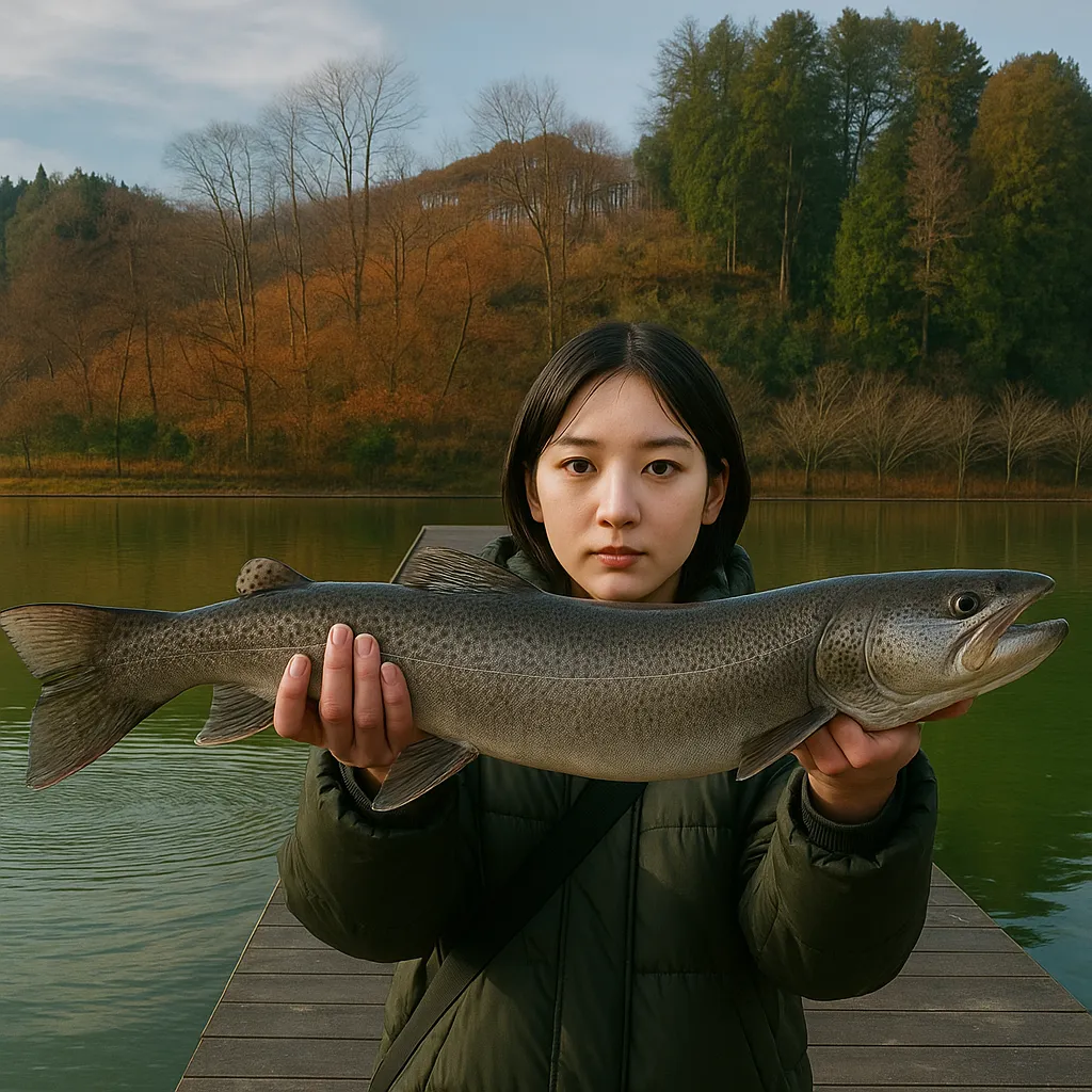 東山湖フィッシングエリアでイトウの釣果を得た女性.webp