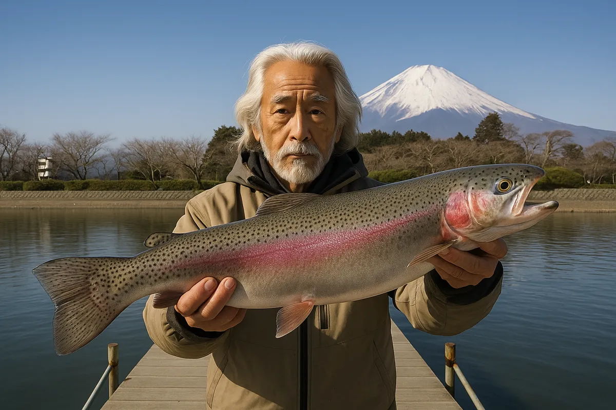 東山湖フィッシングエリアでニジマスの釣果を得た米田.webp