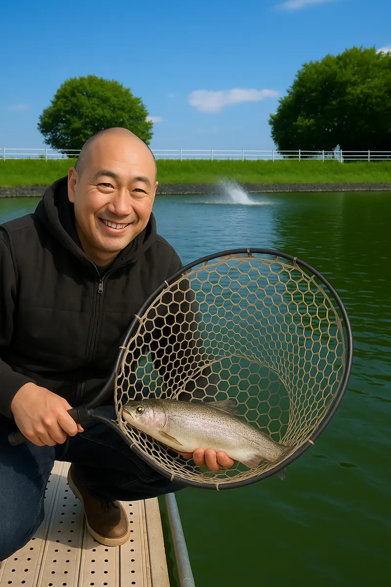 東山道公園フィッシングエリアでニジマスの釣果を得たがんだま君.webp