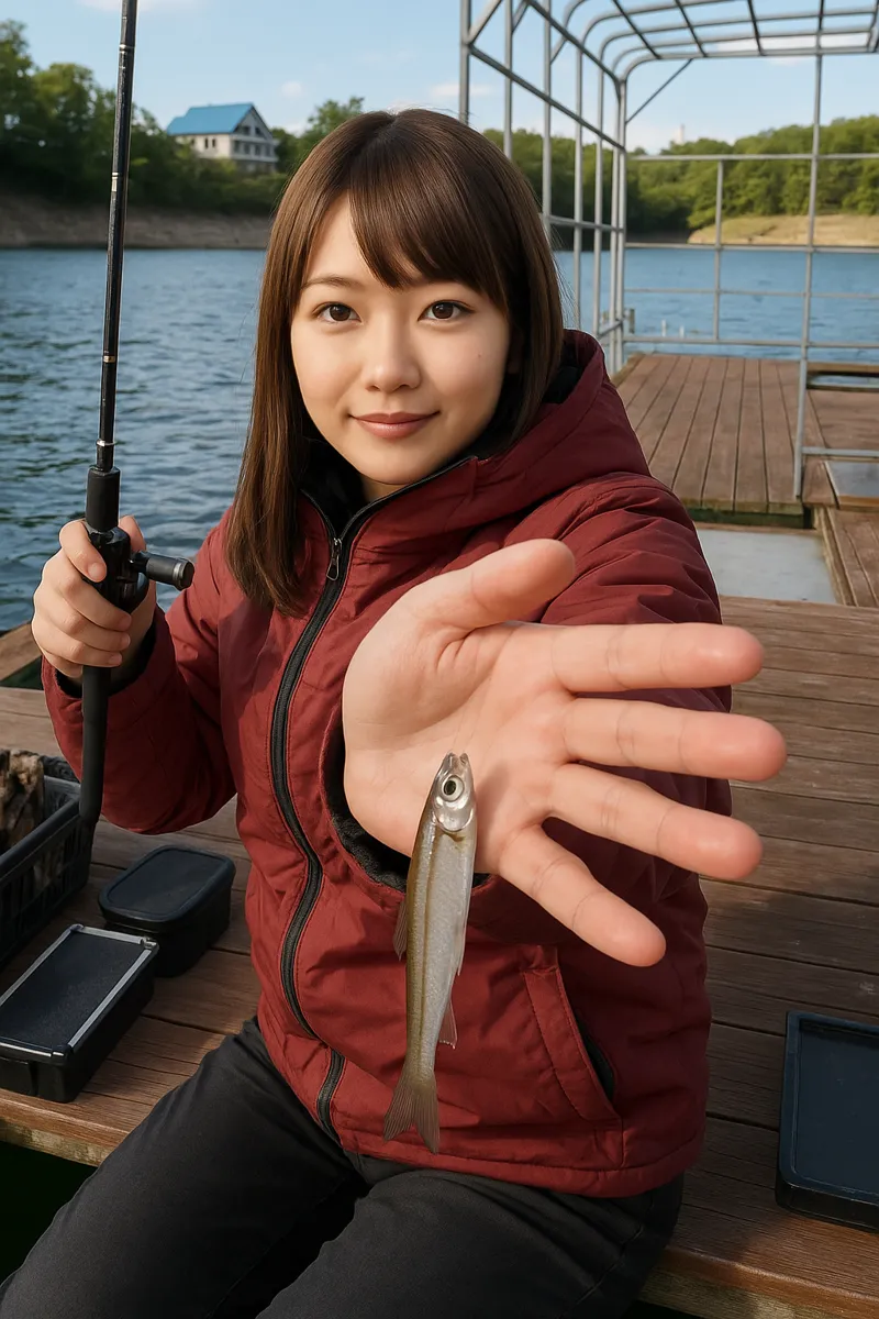 東条湖でワカサギの釣果を得た山際.webp