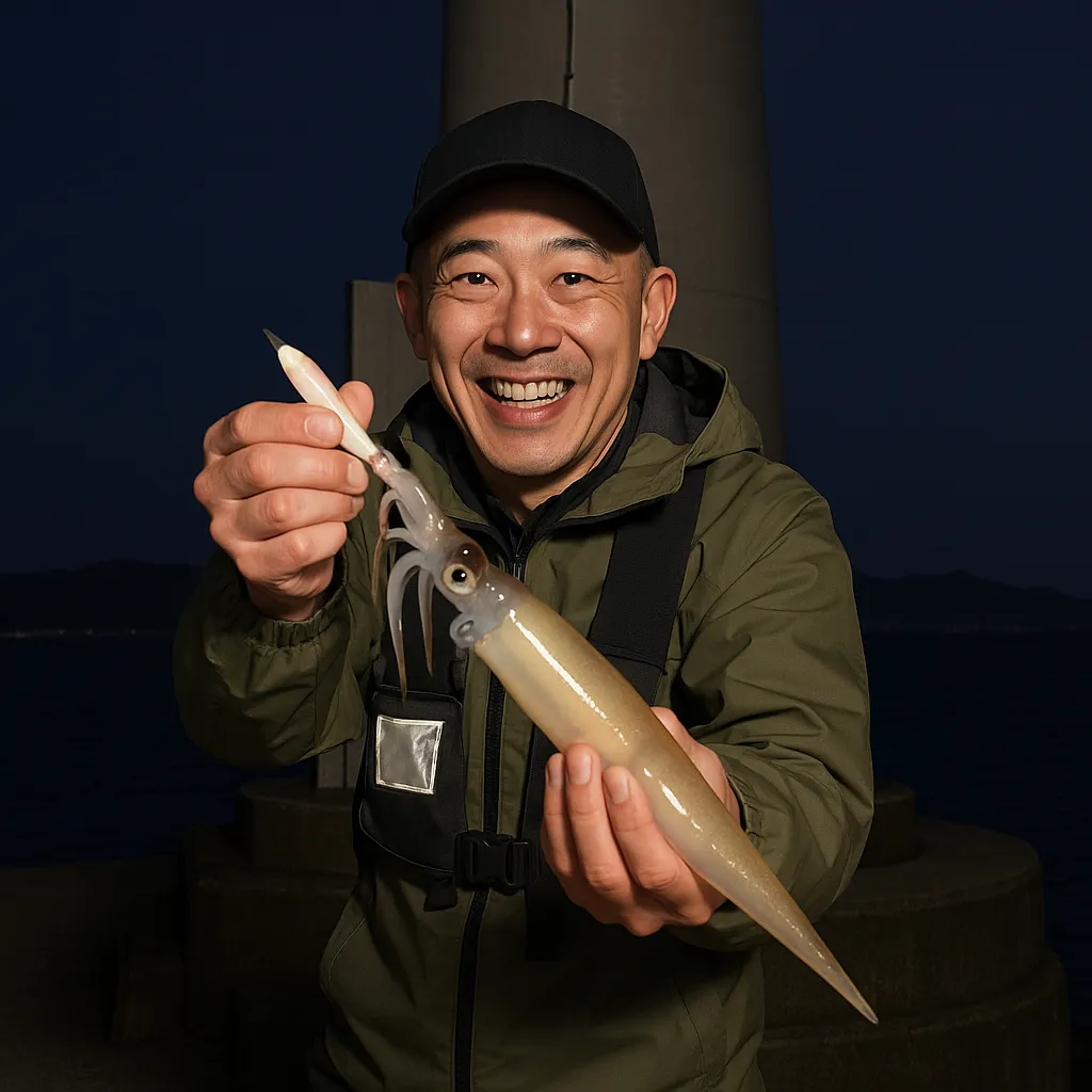 松前港でヤリイカの釣果を得たがんだま君.webp