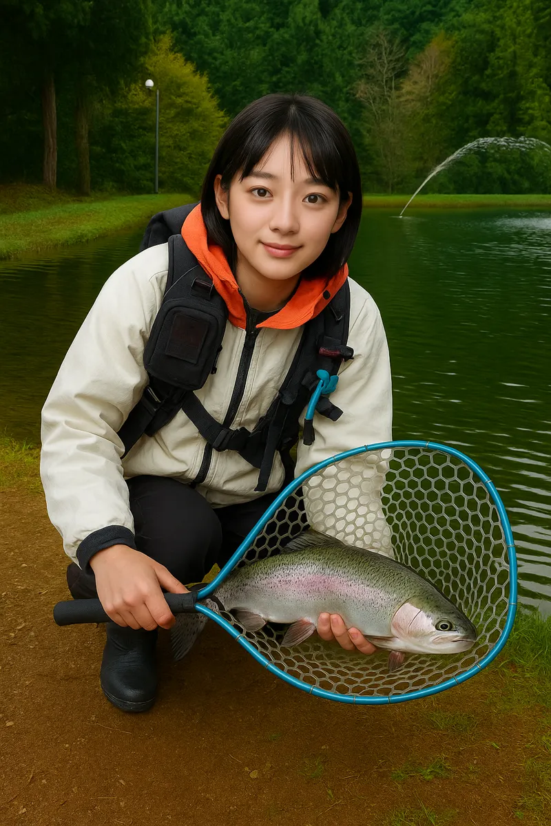 柏倉フィッシングパークでニジマスの釣果を得た国生.webp