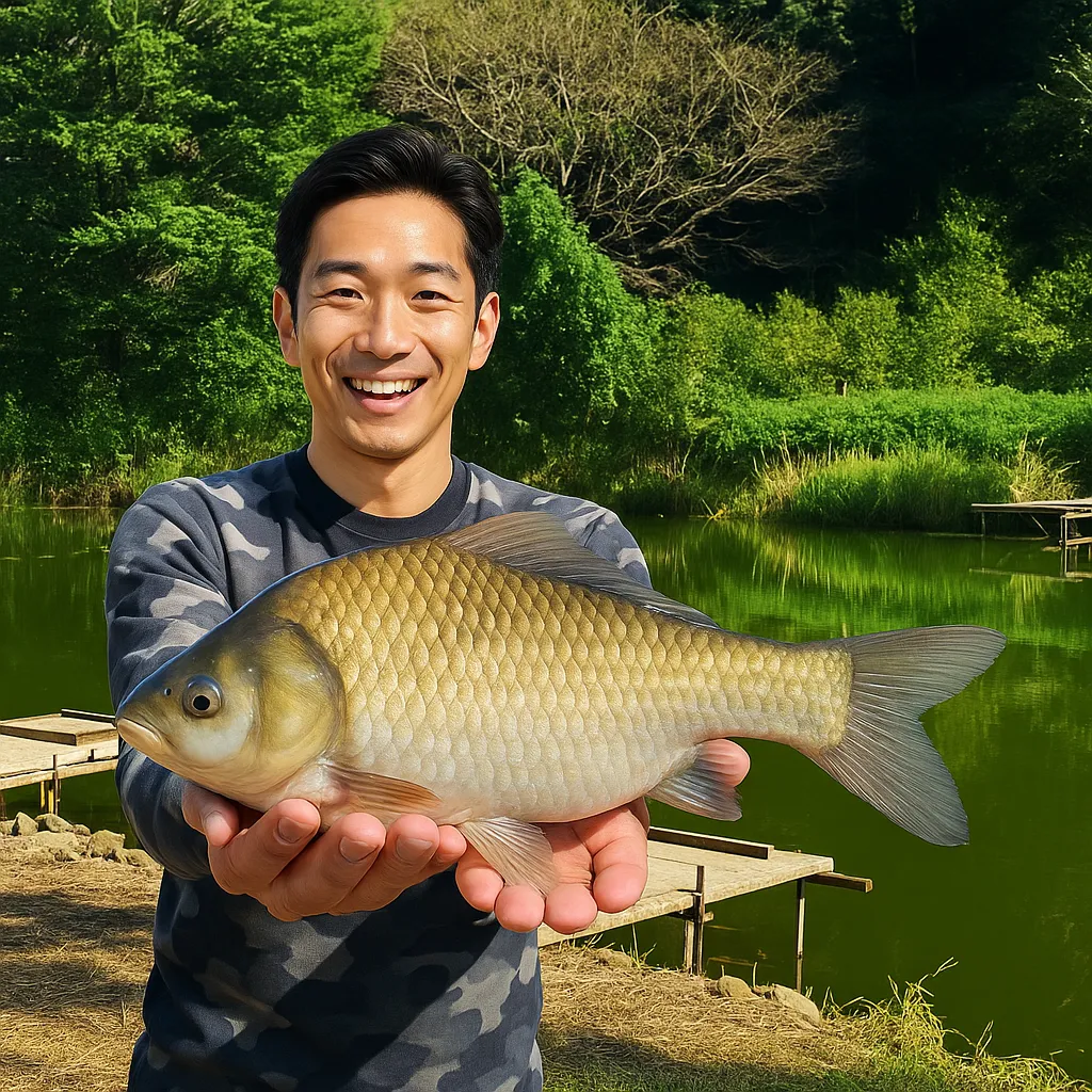 柳生フィッシングパークでヘラブナの釣果を得た勝田.webp