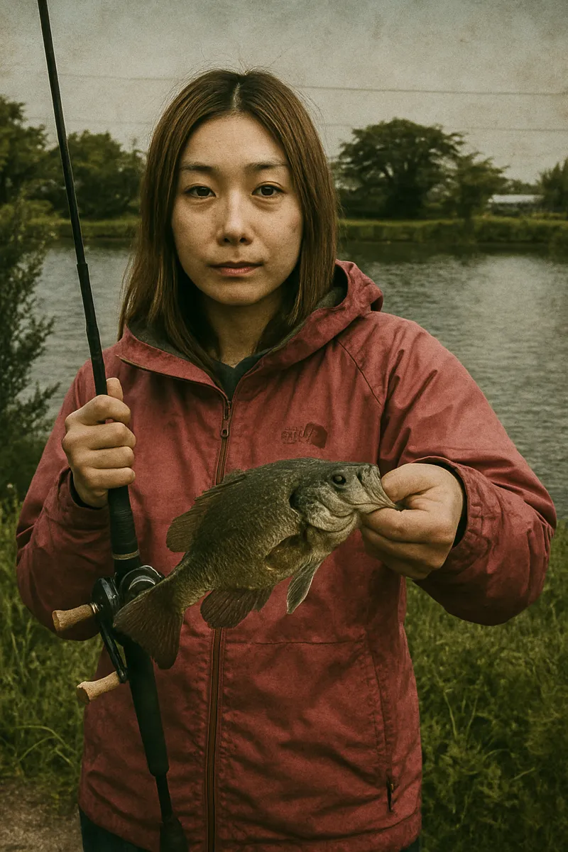 柴山沼でブルーギルの釣果を得た女性.webp