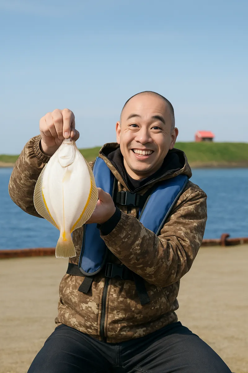 根室港でカレイの釣果を得たがんだま君.webp