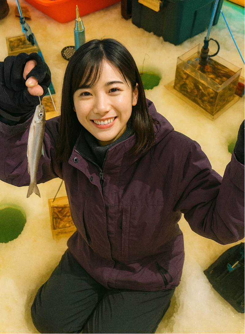 桜岡湖でワカサギの釣果を得た黒川.webp