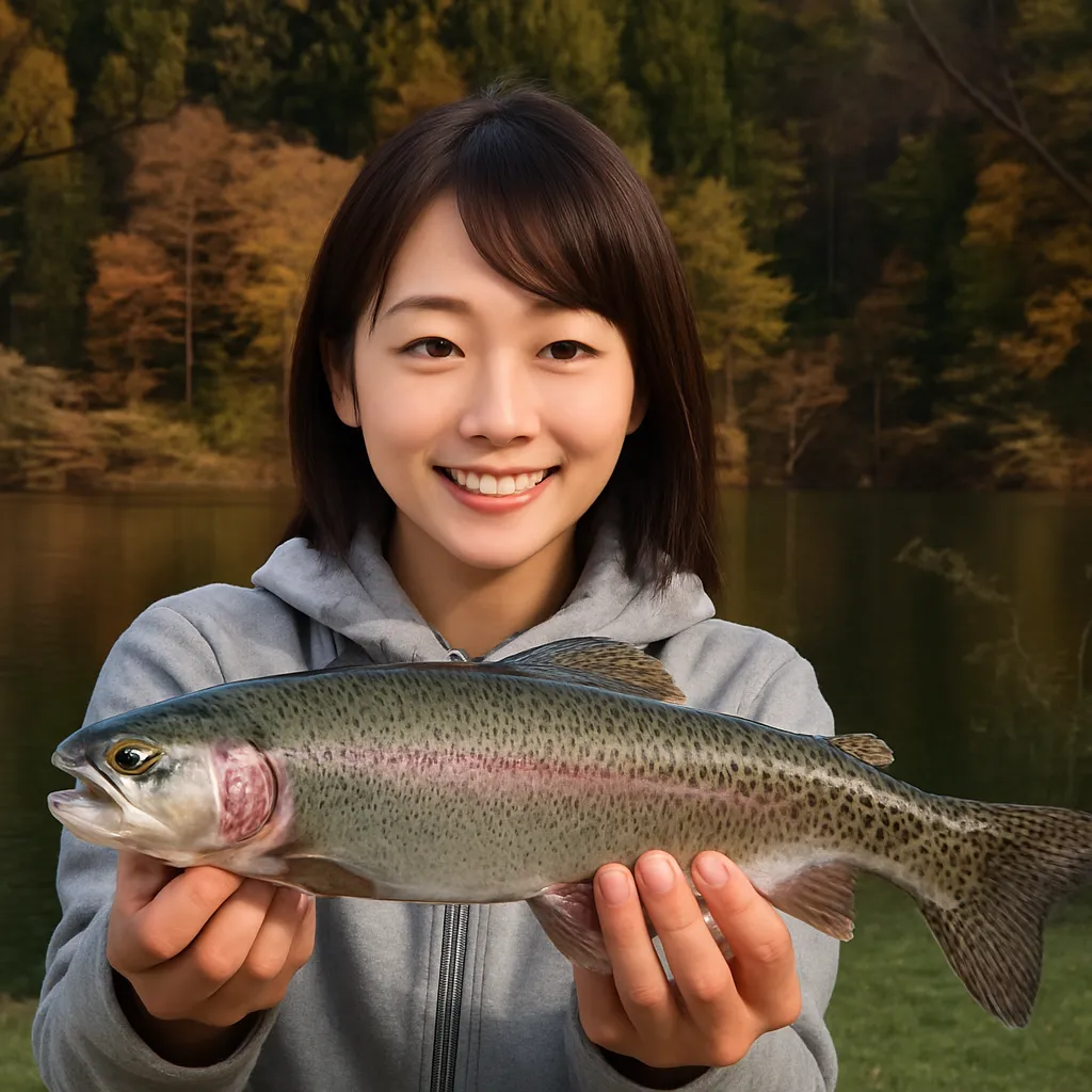 梅田湖でニジマスの釣果を得た西岡.webp