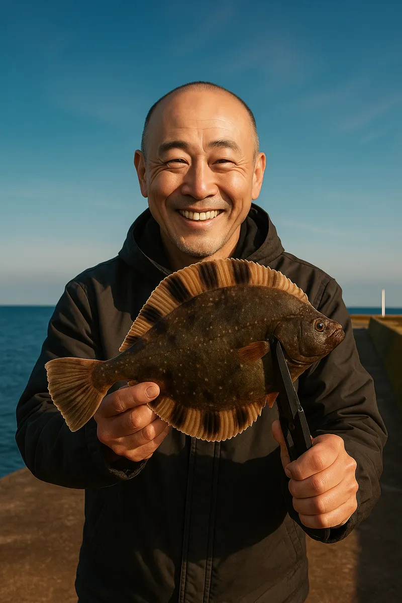標津漁港でカワガレイの釣果を得たがんだま君.webp