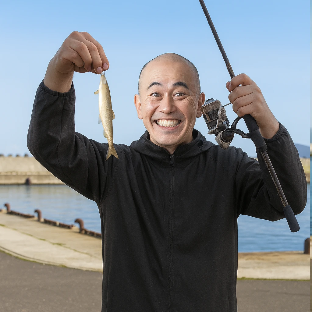 横澗漁港でチカの釣果を得たがんだま君.webp
