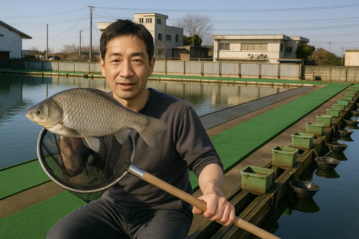 武蔵の池でヘラブナの釣果を得た男性.webp