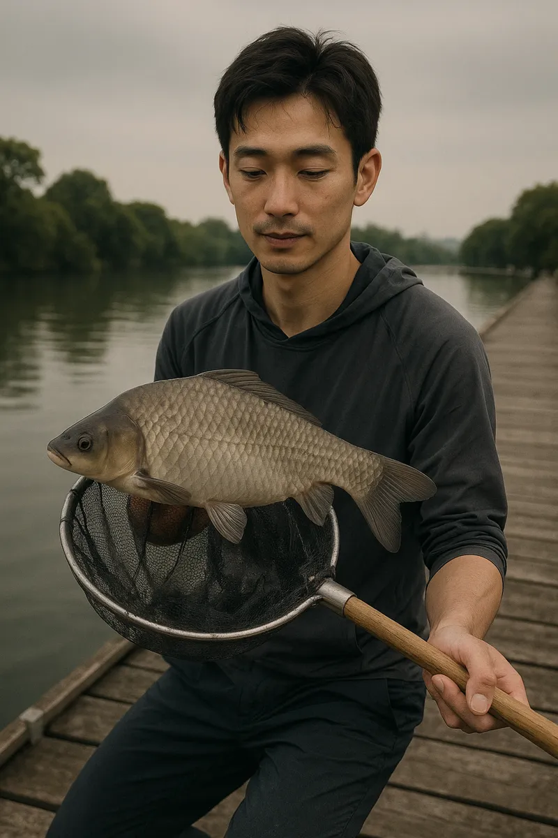 水藻フィッシングセンターでヘラブナの釣果を得た男性.webp
