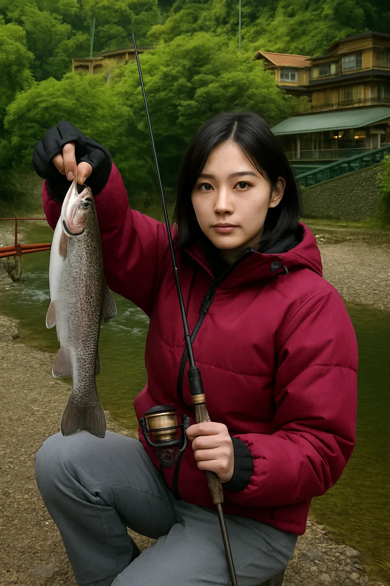 氷川国際ます釣場でニジマスの釣果を得た女性.webp