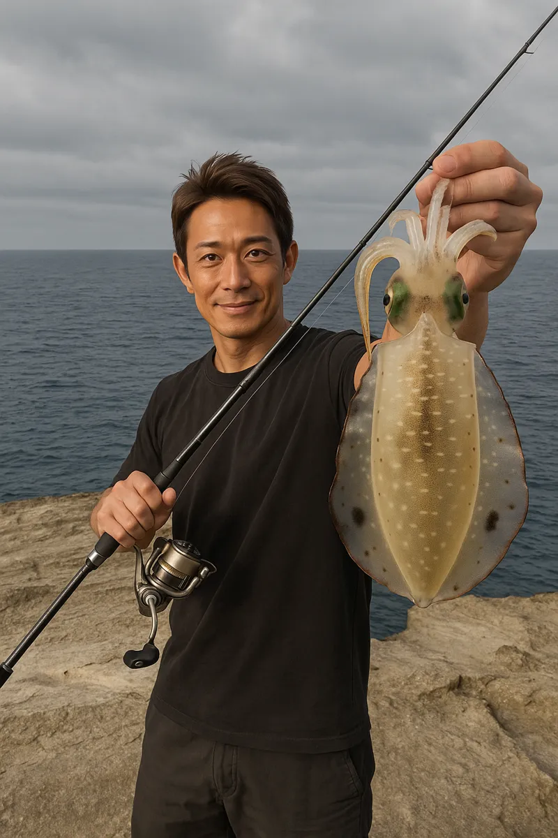 江差港・鴎島でアオリイカの釣果を得た亀岡.webp