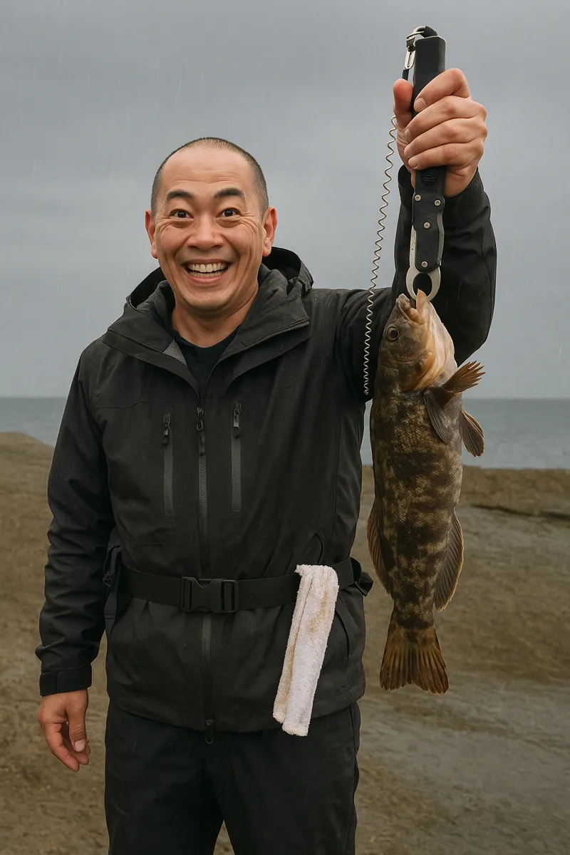 江差港・鴎島でアブラコの釣果を得たがんだま君.webp